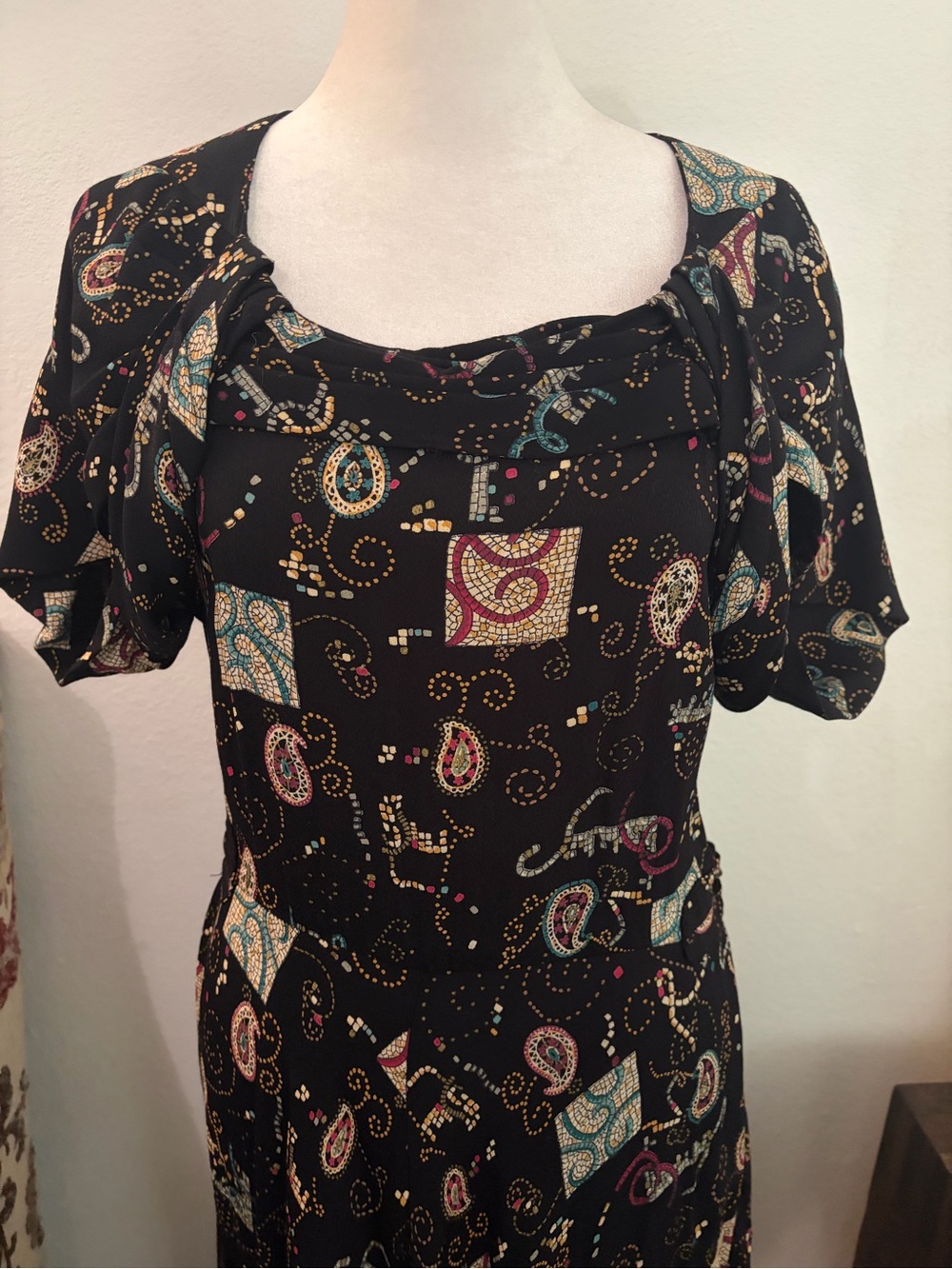 Vintage Carole Little Black Paisley Midi Dress with Teal and Gold Accents